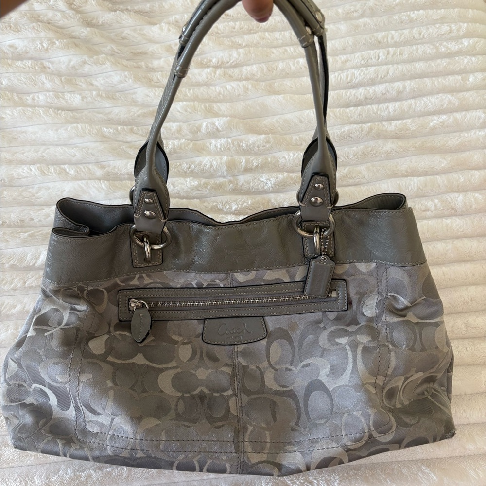 Coach Gray Signature Canvas Shoulder Bag with Leather Trim